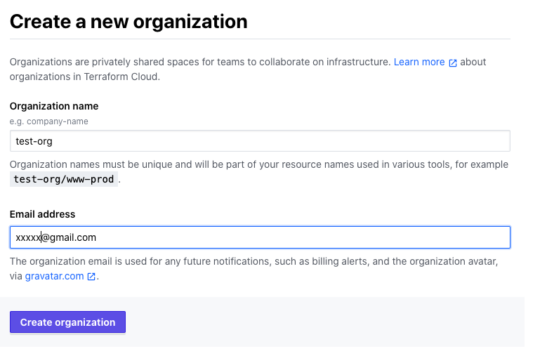 TerraformCloudの組織作成画面